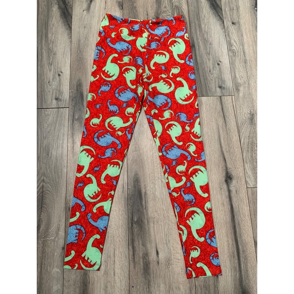 Lularoe One Size Red Blue Green Leggings Dinosaurs "Unicorn Rare Print"
